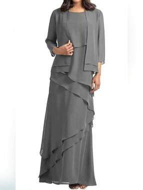 Mother of Bride Dress 2-Pieces Long Mother of The Groom Ruffle Chiffon Evening